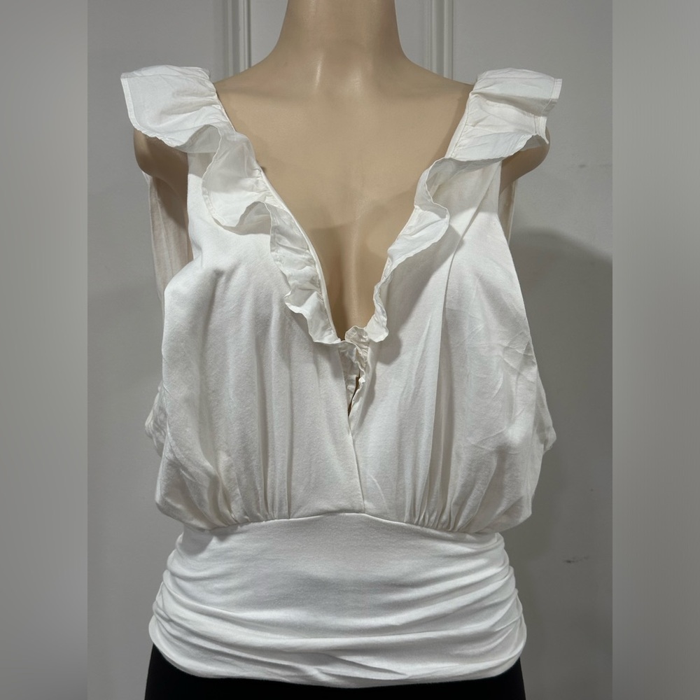 By Anthropologie White Ruffled V-Neck Blouse Size Medium